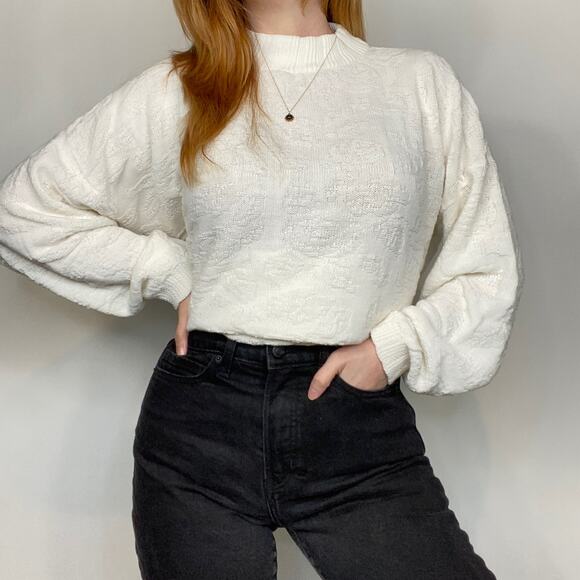 Vintage 80s Spunky Oversized 0X Ivory Floral Embroidered Mockneck Sweater - Picture 6 of 10
